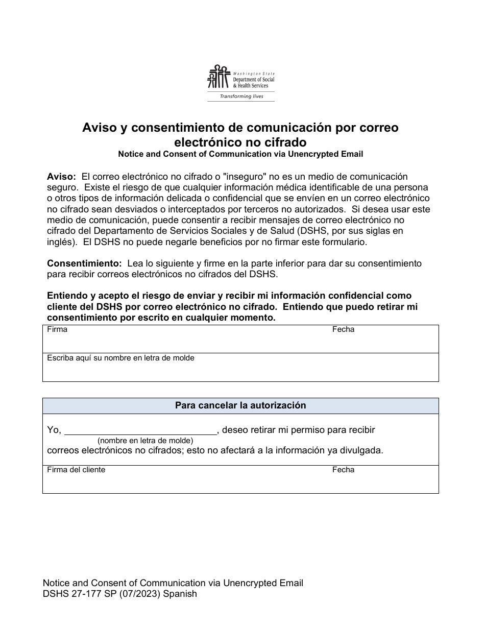 DSHS Formulario 27-177 Aviso Y Consentimiento De Comunicacion Por Correo Electronico No Cifrado - Washington (Spanish), Page 1