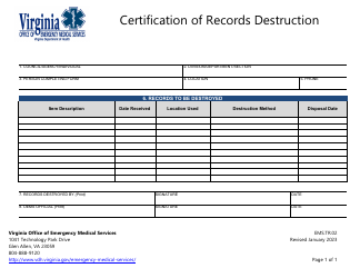 Document preview: Form EMS.TR.02 Certification of Records Destruction - Virginia