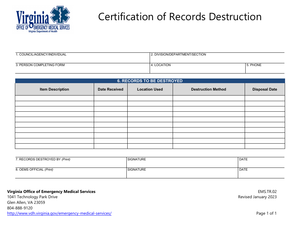 Form EMS.TR.02 Certification of Records Destruction - Virginia, Page 1