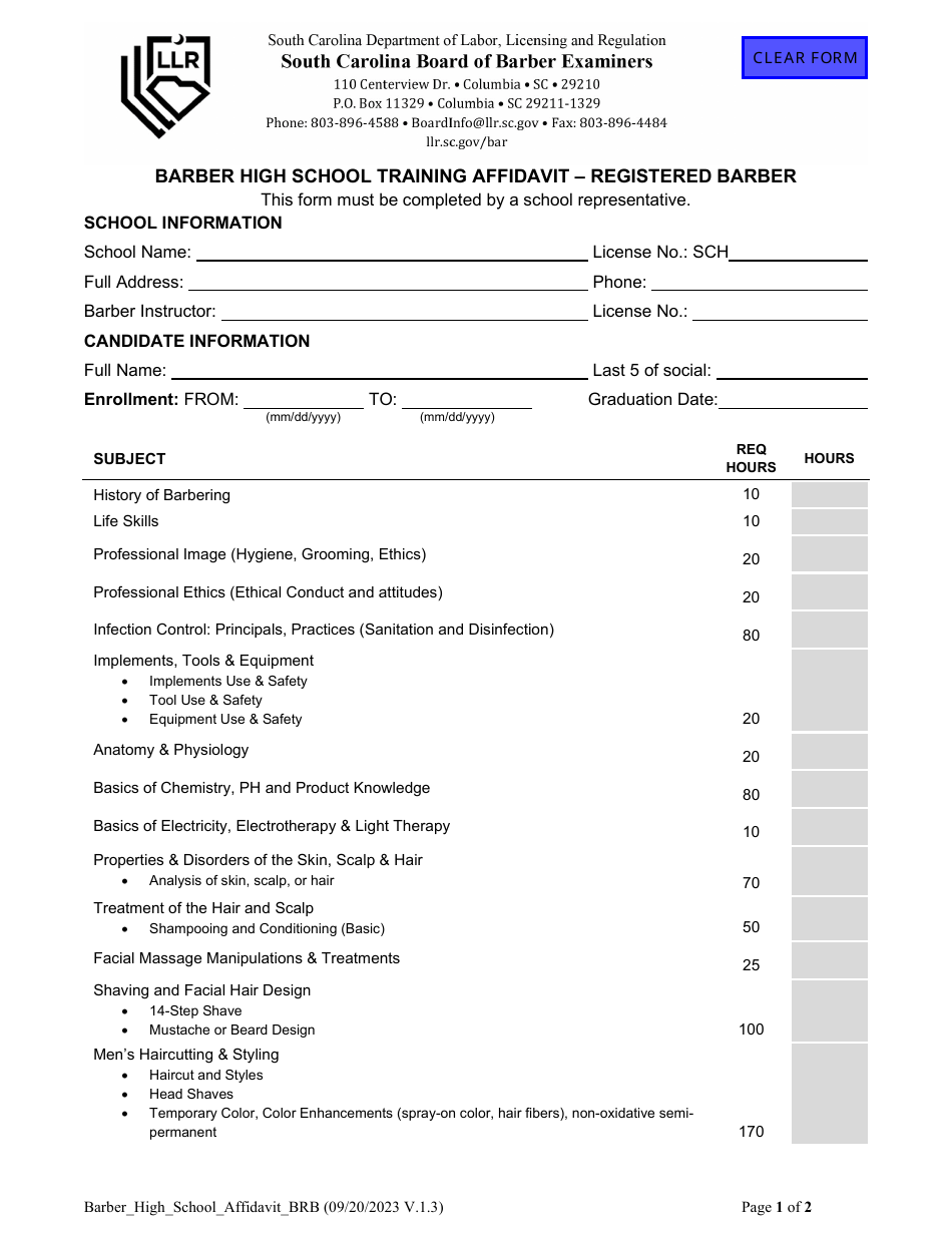 Barber High School Training Affidavit - Registered Barber - South Carolina, Page 1