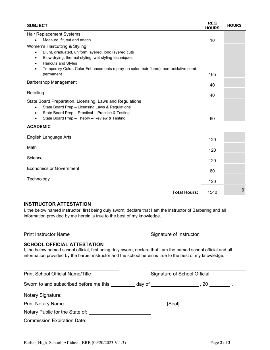 Barber High School Training Affidavit - Registered Barber - South Carolina, Page 2