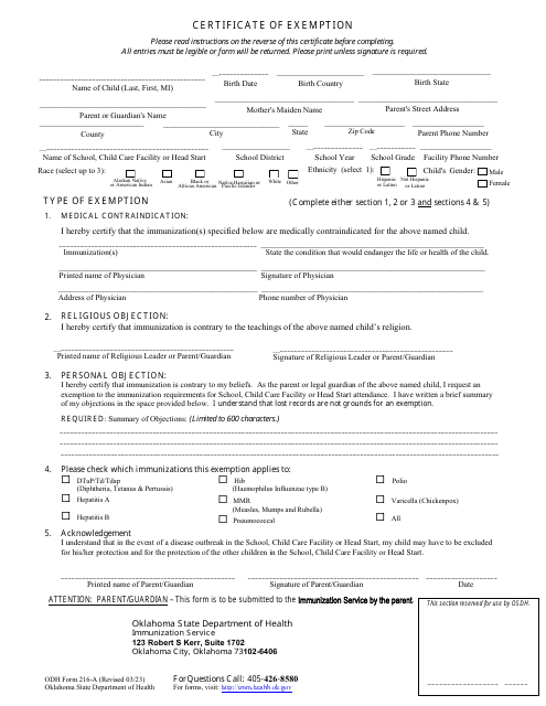 ODH Form 216-A Certificate of Exemption - Oklahoma