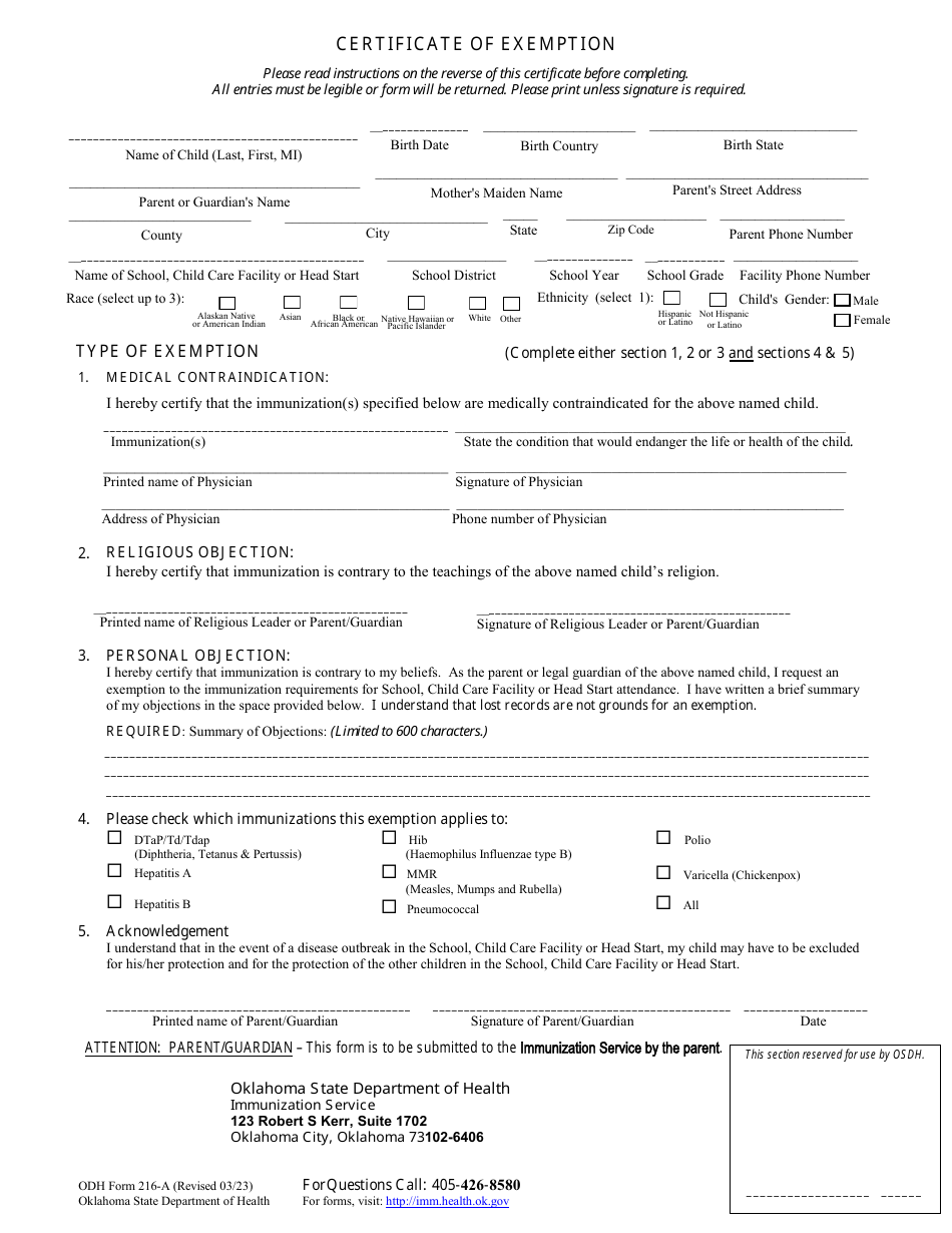 ODH Form 216-A Download Fillable PDF or Fill Online Certificate of ...