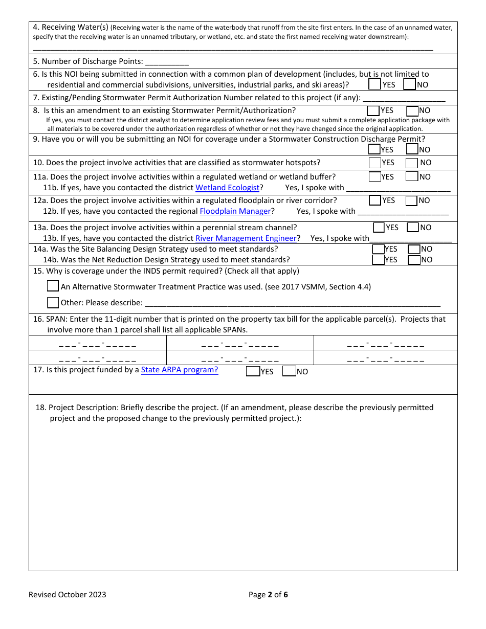 Notice of Intent (Noi) to Apply for Individual Stormwater Discharge Permit (Inds) - Vermont, Page 2