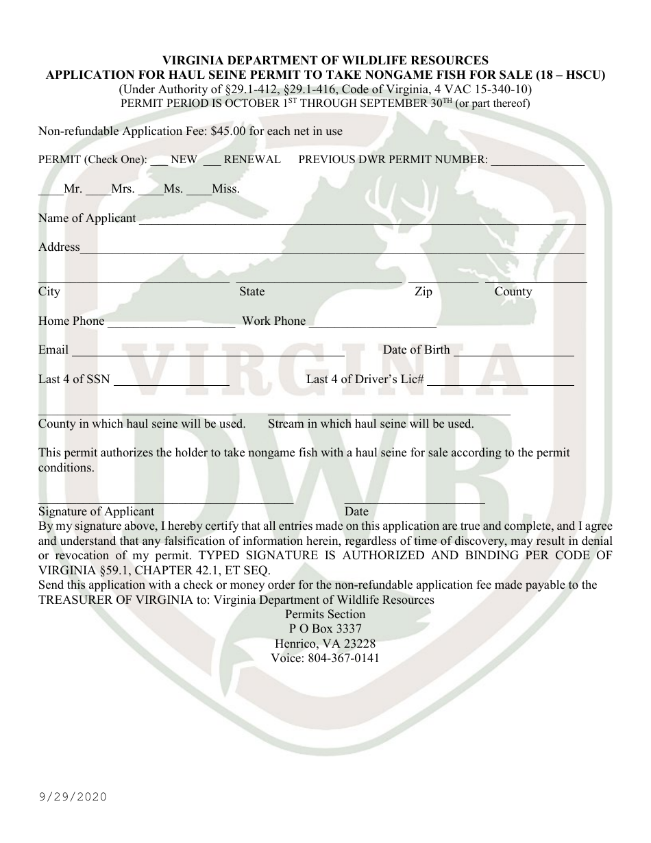 Application for Haul Seine Permit to Take Nongame Fish for Sale (18 - Hscu) - Virginia, Page 1