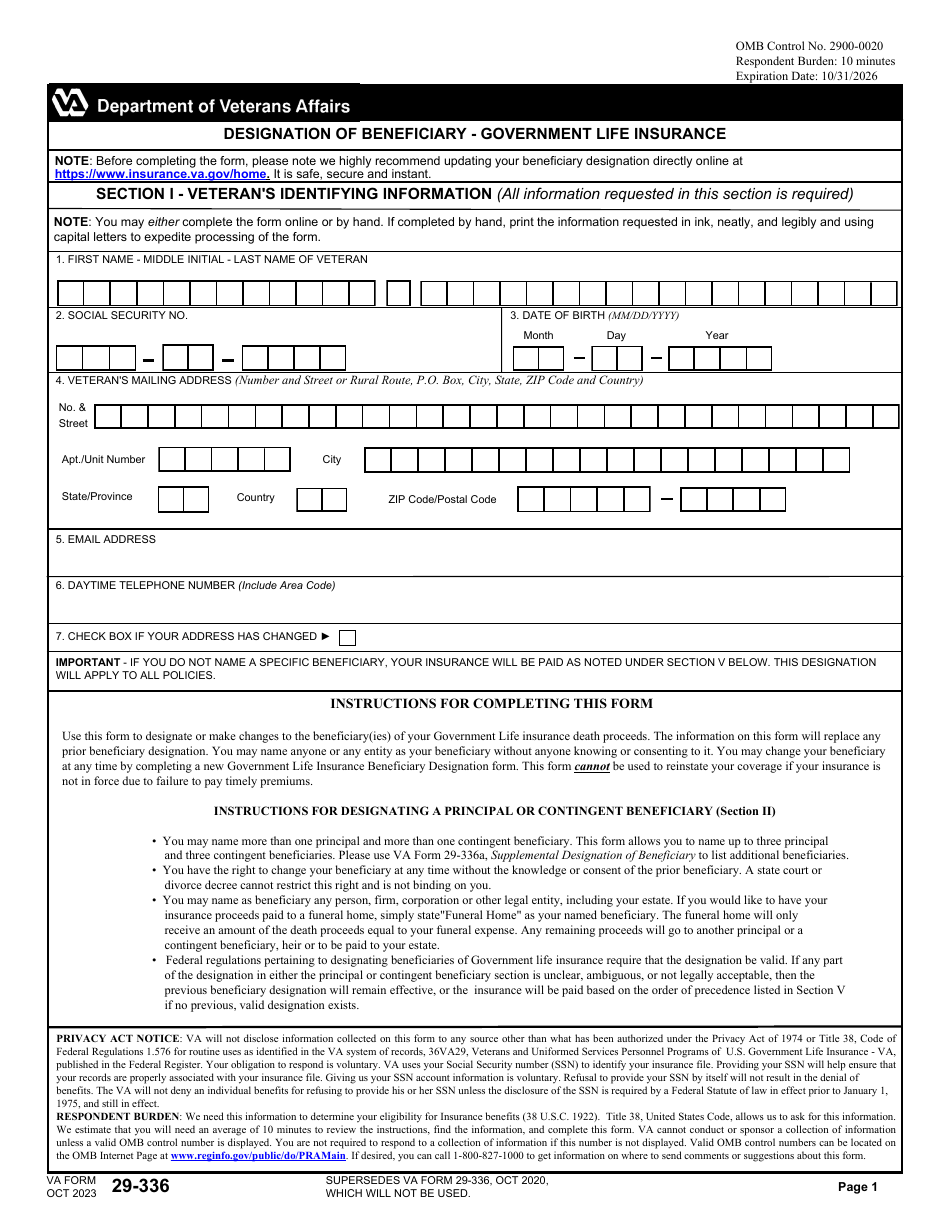 VA Form 29-336 Designation of Beneficiary - Government Life Insurance, Page 1