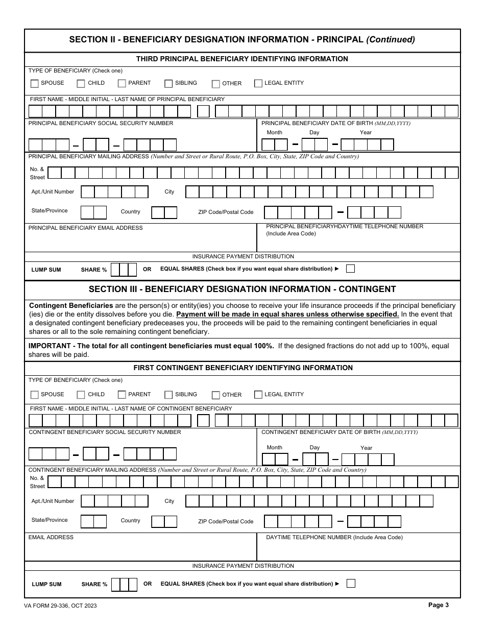 VA Form 29-336 Designation of Beneficiary - Government Life Insurance, Page 3