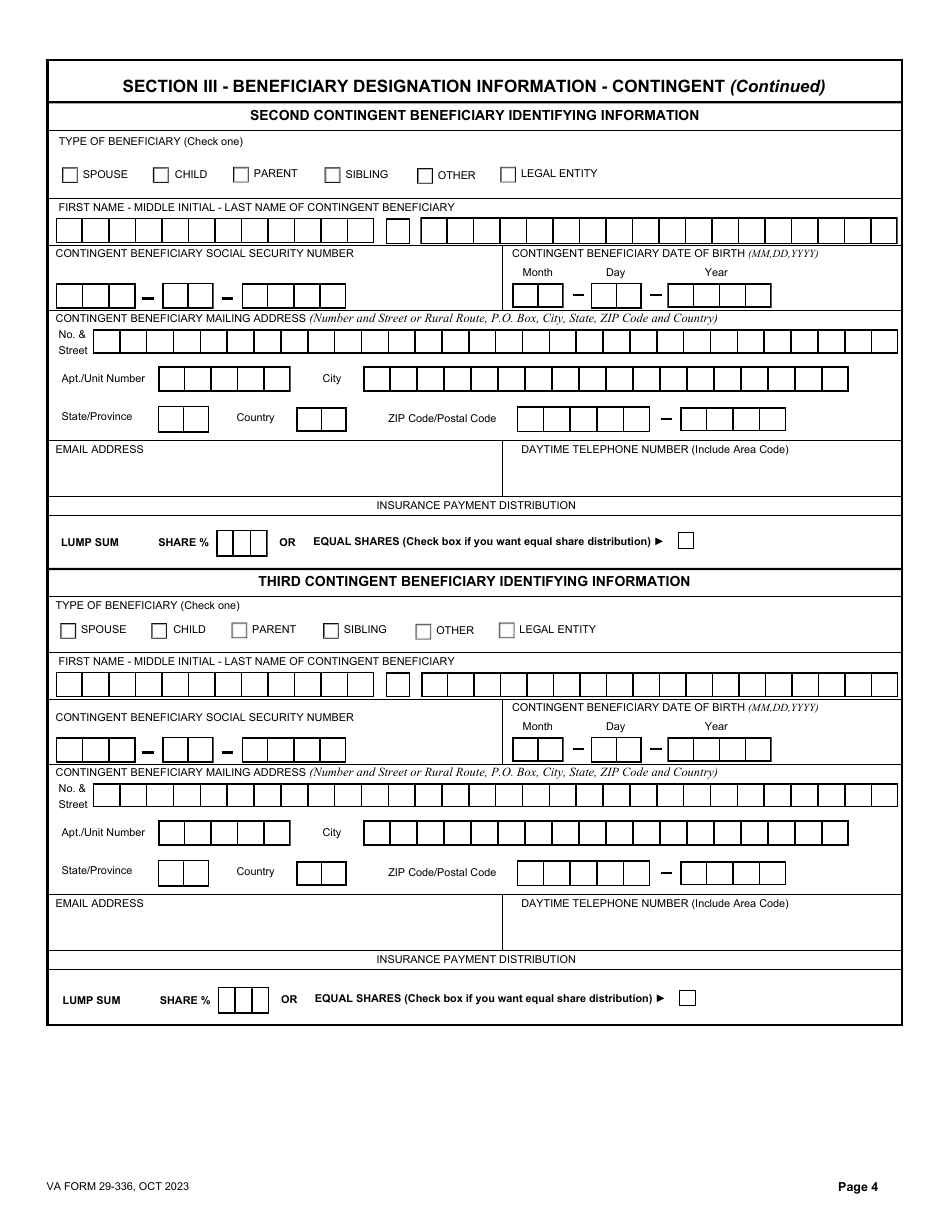 VA Form 29-336 Designation of Beneficiary - Government Life Insurance, Page 4