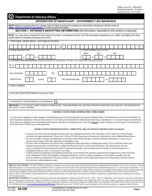VA Form 29-336 Designation of Beneficiary - Government Life Insurance