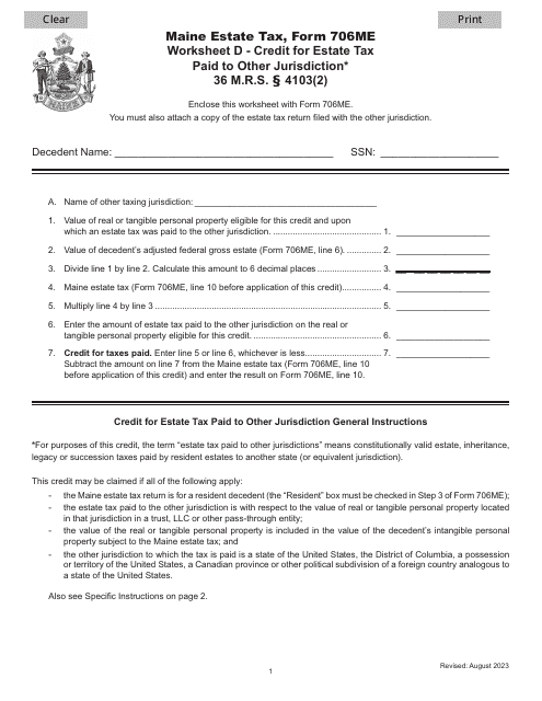 Form 706ME Worksheet D Credit for Estate Tax Paid to Other Jurisdiction - Maine