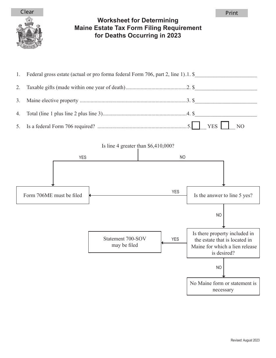 Worksheet for Determining Maine Estate Tax Form Filing Requirement - Maine, Page 1