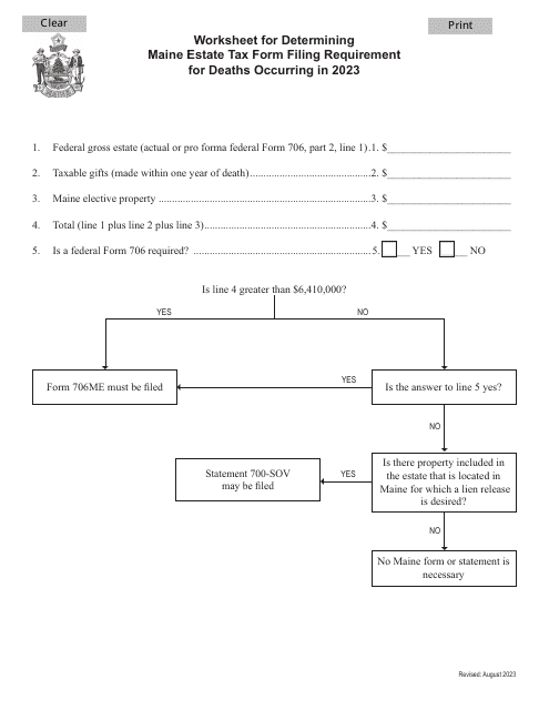 Worksheet for Determining Maine Estate Tax Form Filing Requirement - Maine Download Pdf