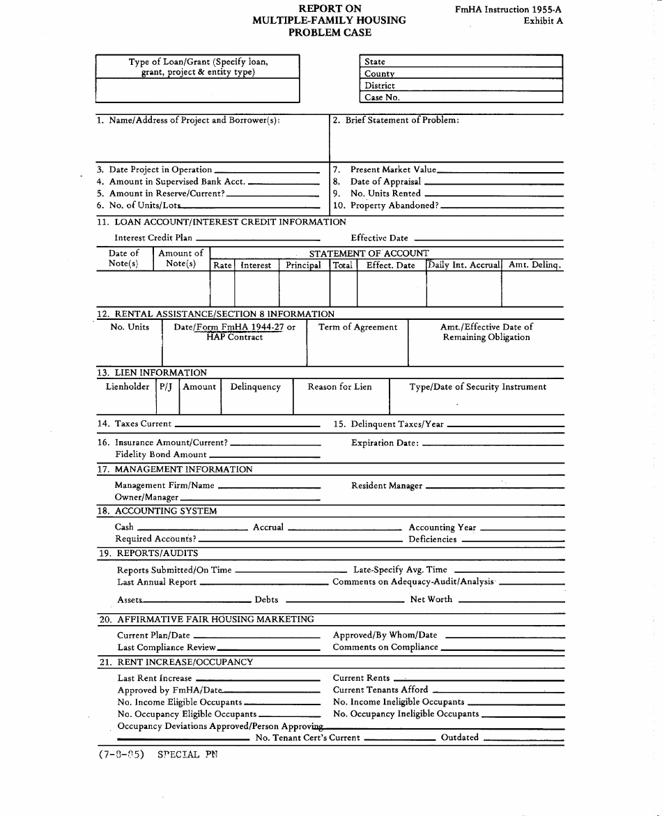 FmHA Form 1955-A Exhibit A Report on Multiple-Family Housing Problem Case, Page 1