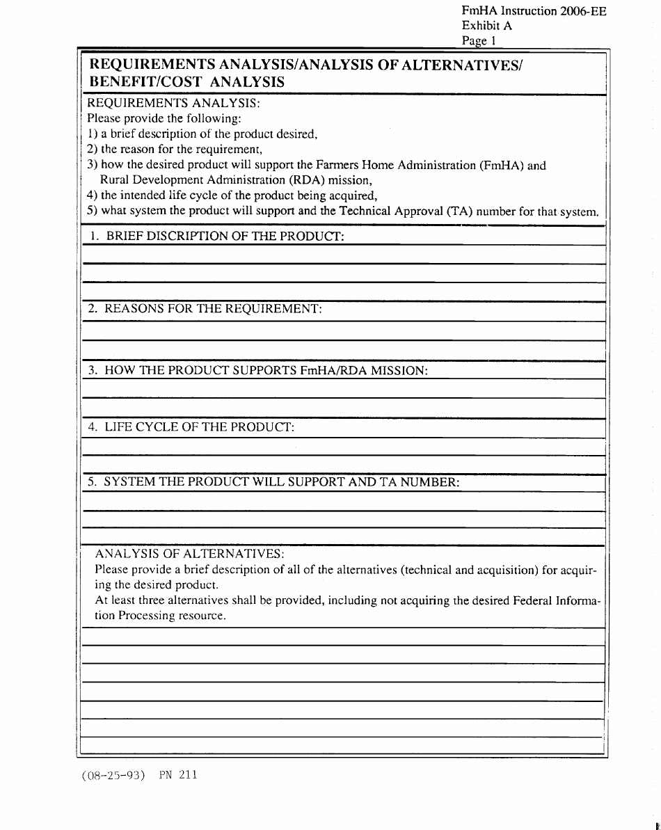 FmHA Form 2006-EE Exhibit A Requirements Analysis / Analysis of Alternatives / Benefit / Cost Analysis, Page 1