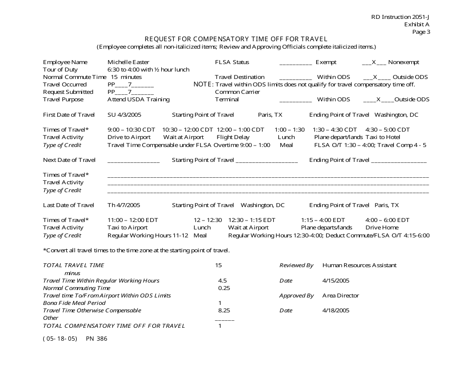 RD Form 2051-J Exhibit A Request for Compensatory Time off for Travel, Page 3