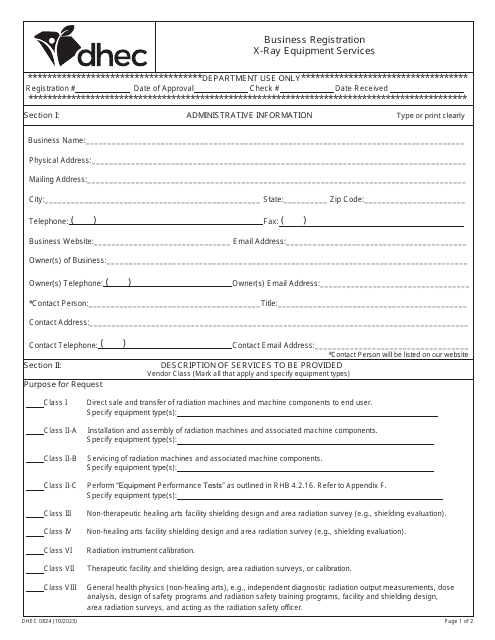 DHEC Form 0824 Business Registration X-Ray Equipment Services - South Carolina