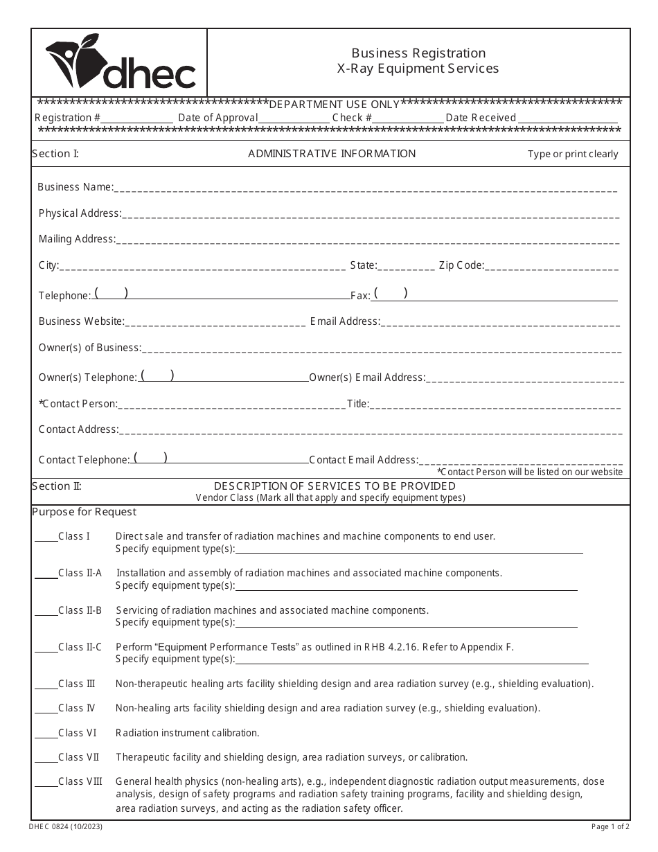 DHEC Form 0824 Business Registration X-Ray Equipment Services - South Carolina, Page 1