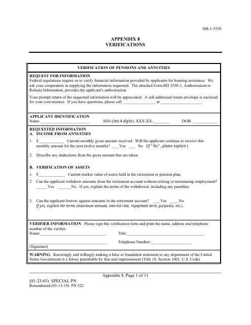 Form HB-1-3550 Appendix 8  Printable Pdf