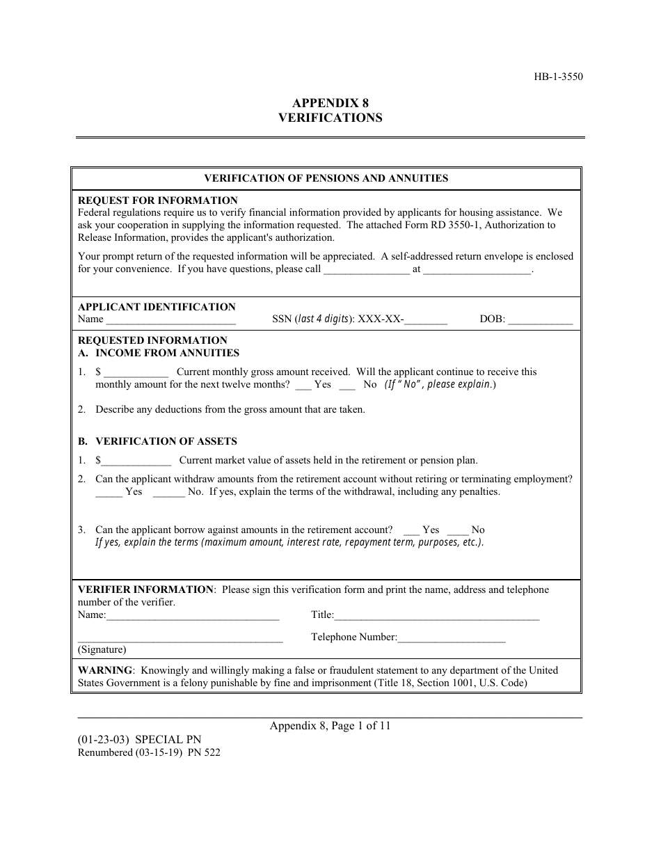 Form HB-1-3550 Appendix 8 Verifications, Page 1
