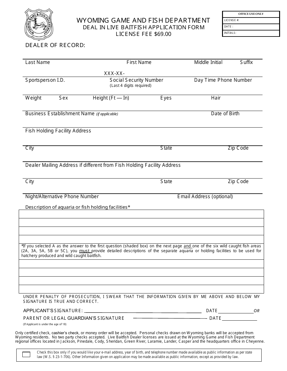 Deal in Live Baitfish Application Form - Wyoming, Page 1