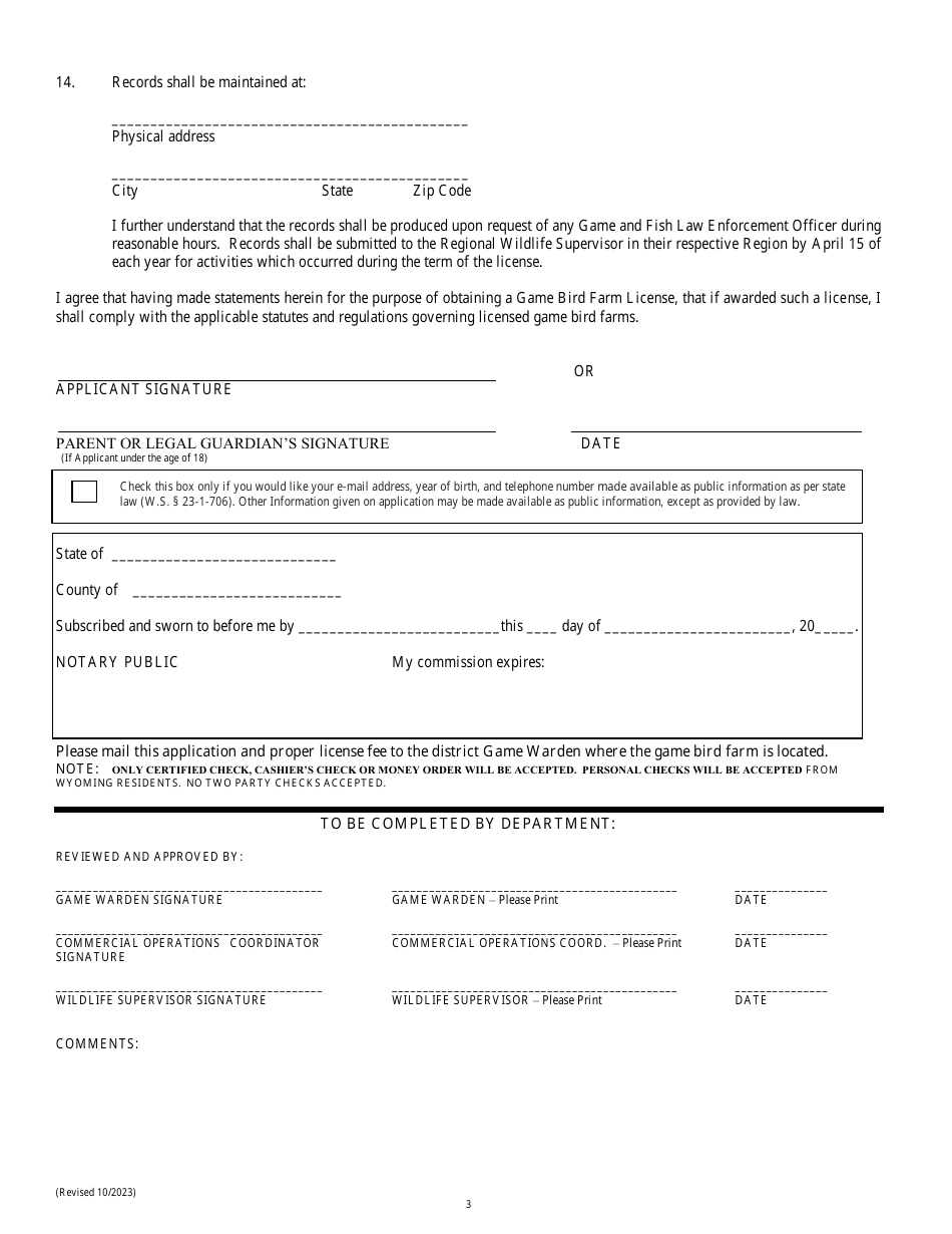 Game Bird Farm License Initial / Original Application - Wyoming, Page 3