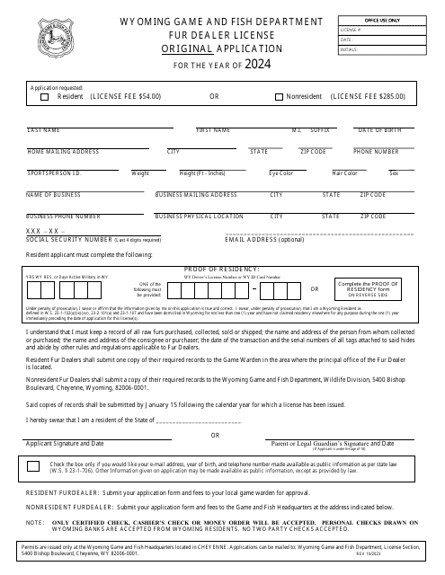 Fur Dealer License Original Application - Wyoming, 2024