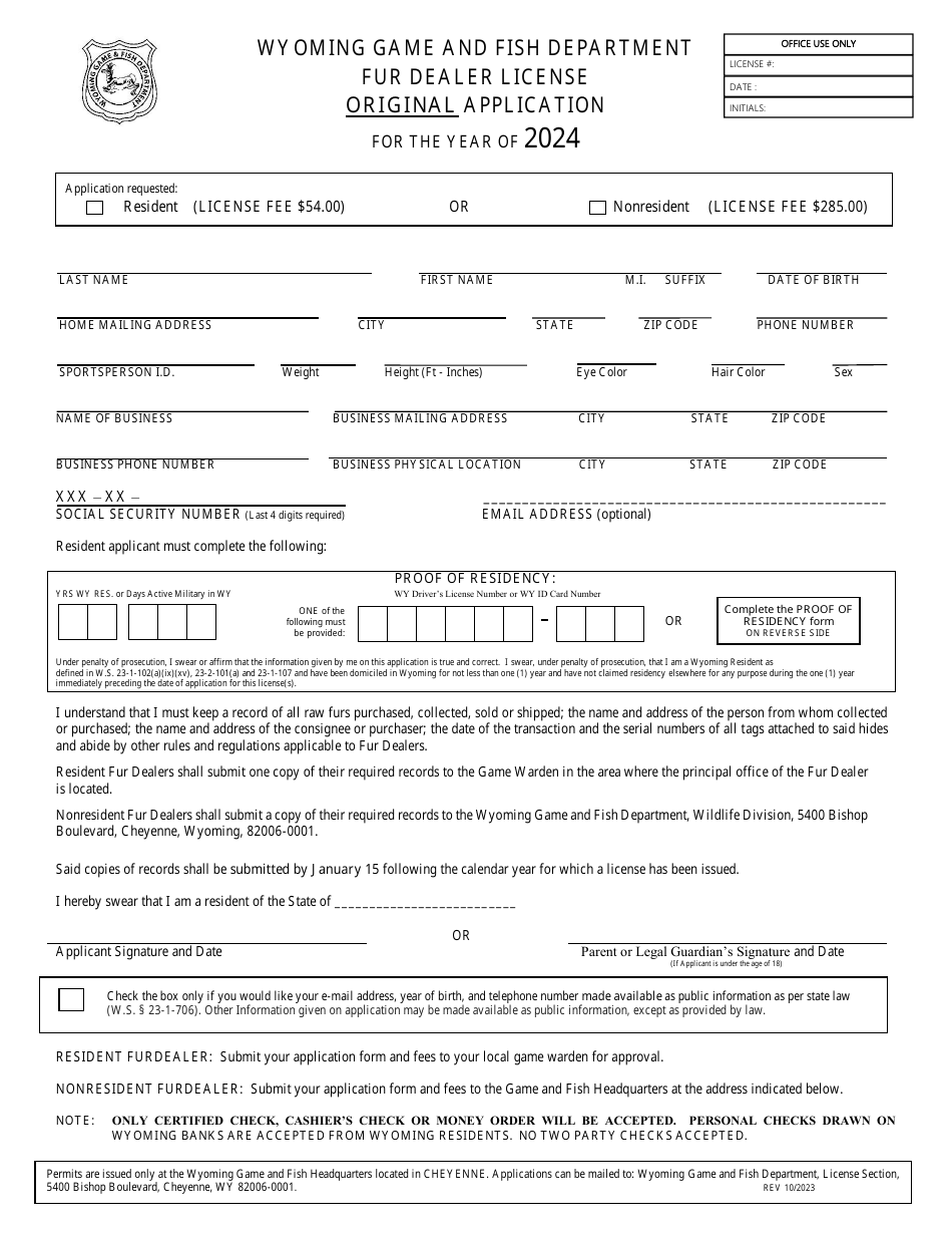 2024 Wyoming Fur Dealer License Original Application Fill Out, Sign