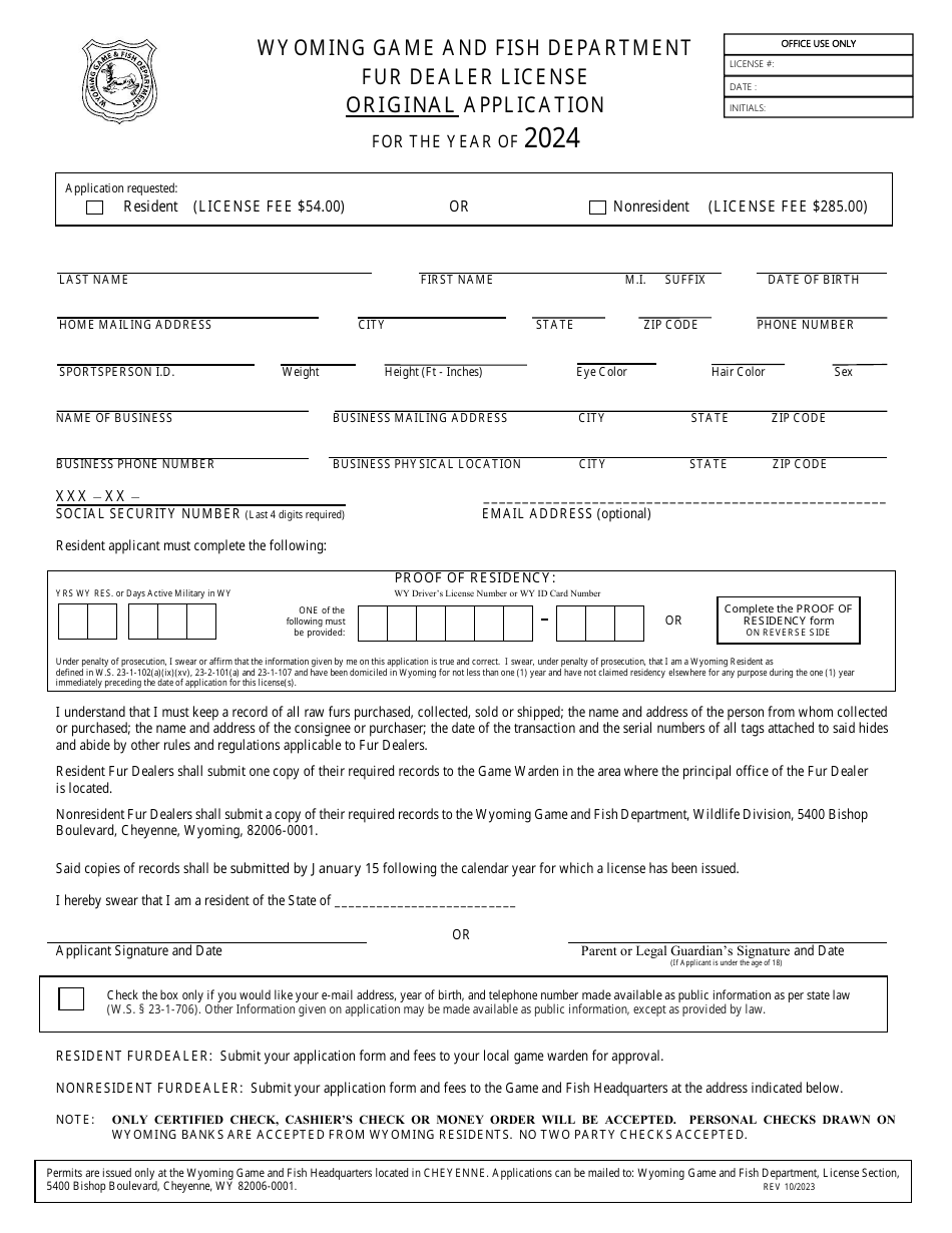 Fur Dealer License Original Application - Wyoming, Page 1