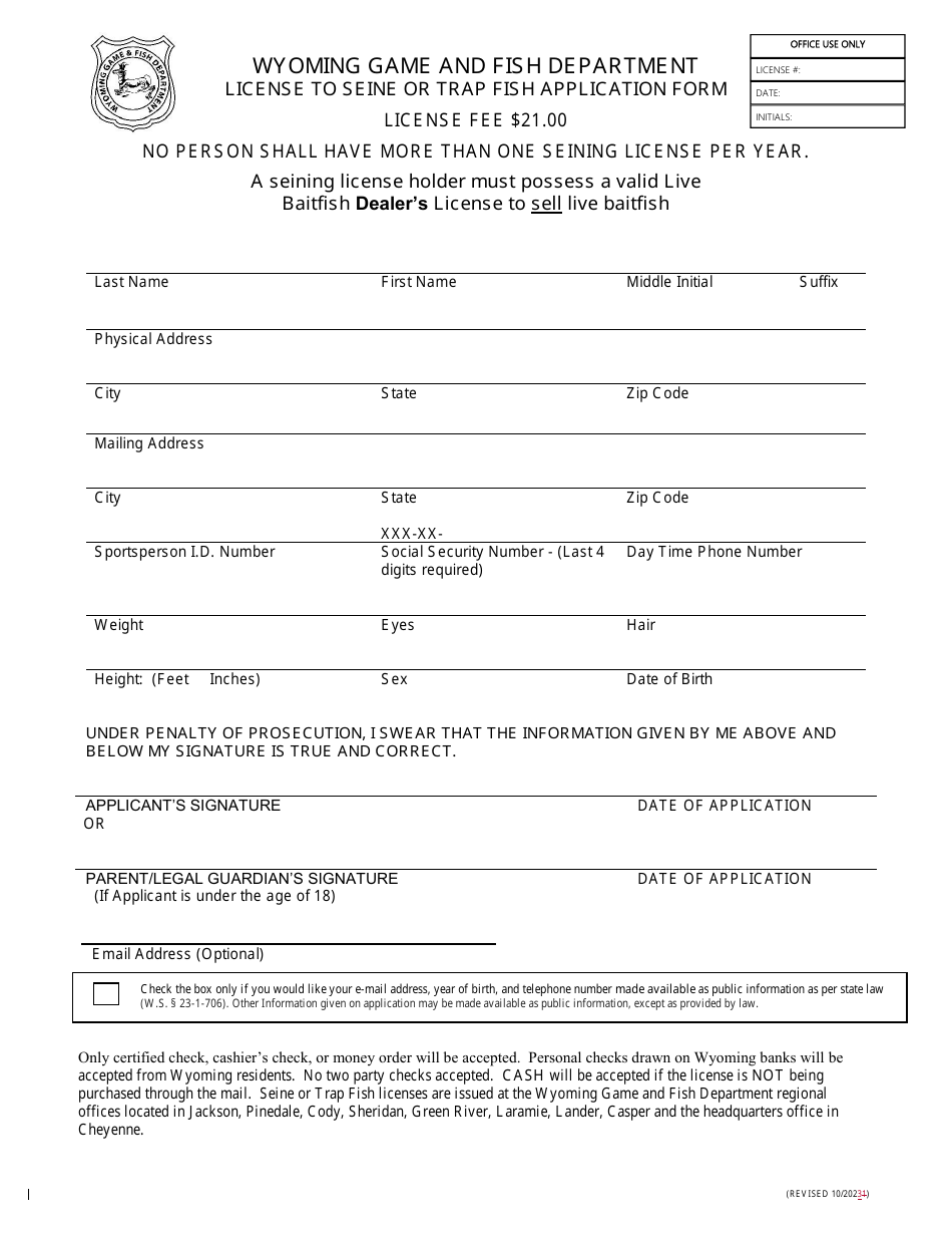 License to Seine or Trap Fish Application Form - Wyoming, Page 1