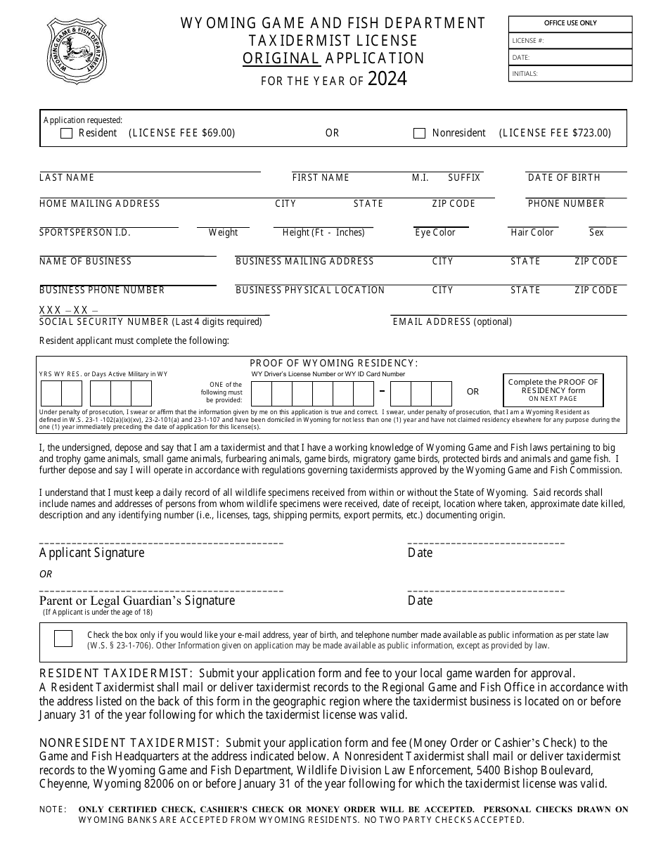 Taxidermist License Original Application - Wyoming, Page 1