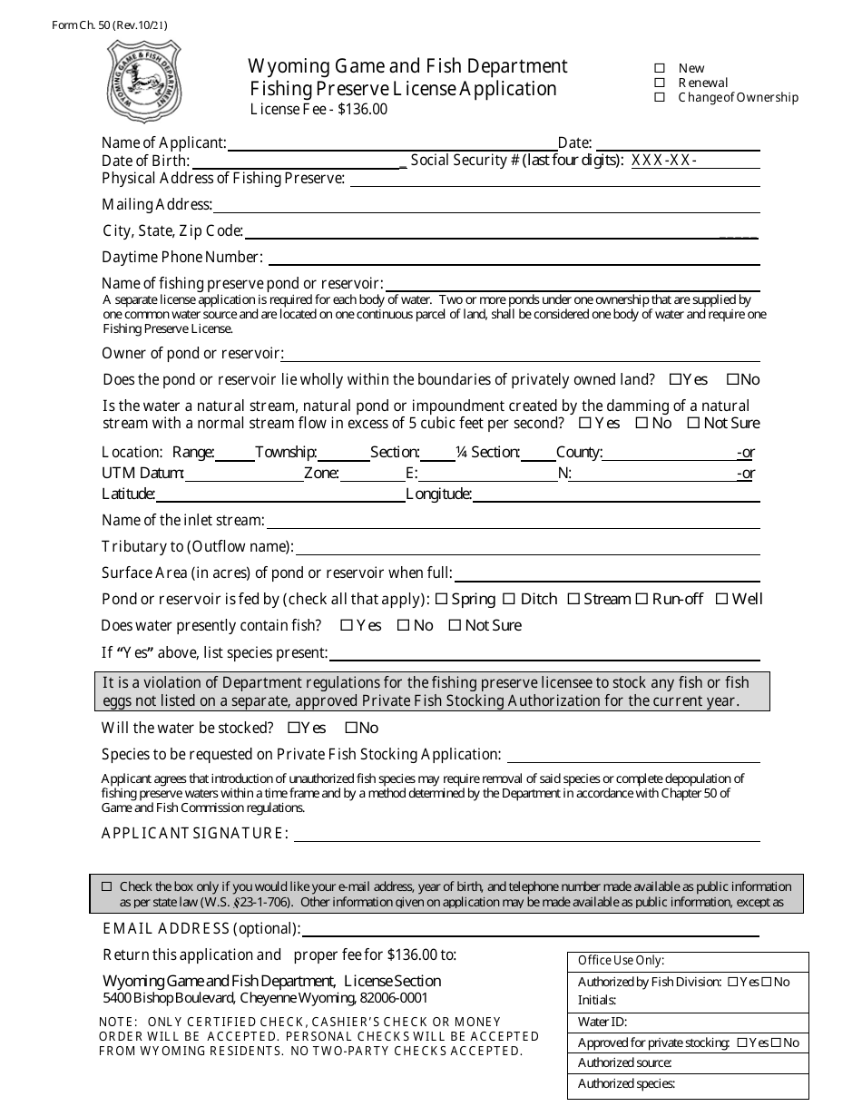 Form Ch.50 Fishing Preserve License Application - Wyoming, Page 1