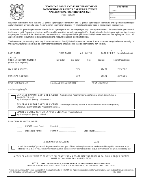 Nonresident Raptor Capture License Application - Wyoming, 2024