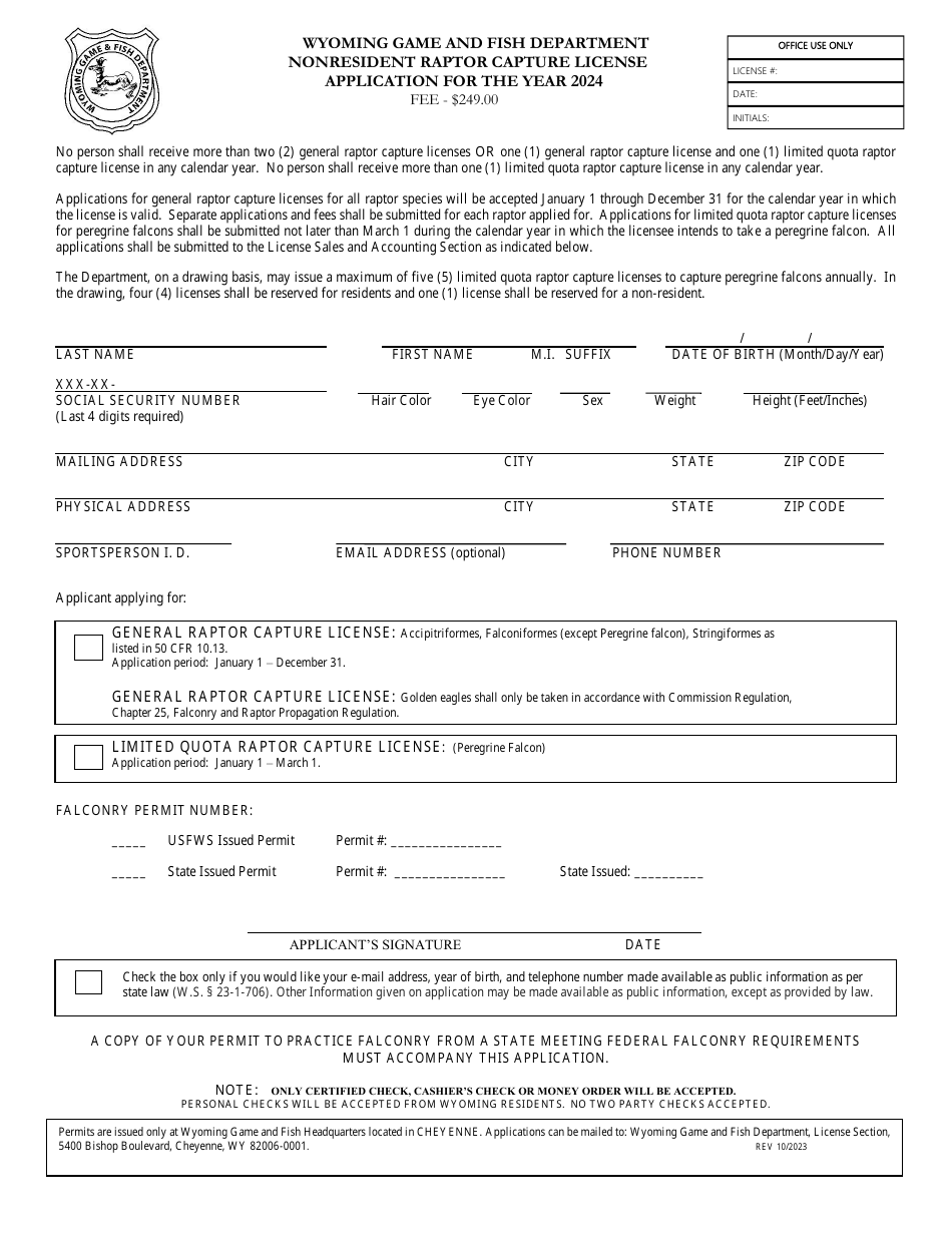 Nonresident Raptor Capture License Application - Wyoming, Page 1
