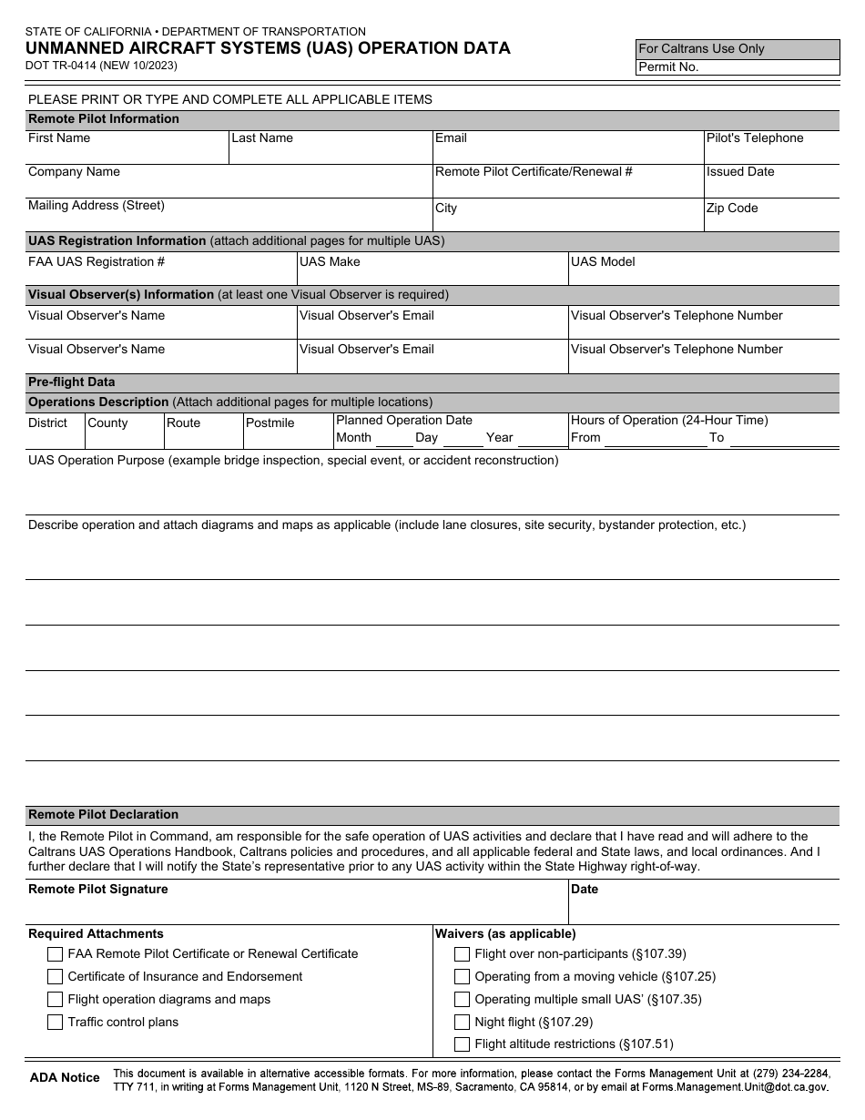 Form DOT TR-0414 Unmanned Aircraft Systems (Uas) Operation Data - California, Page 1