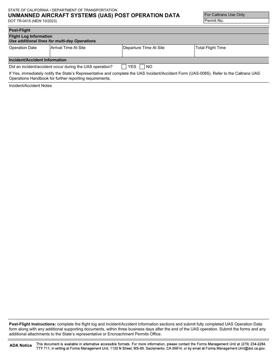 Form DOT TR-0415 Unmanned Aircraft Systems (Uas) Post Operation Data - California, Page 1