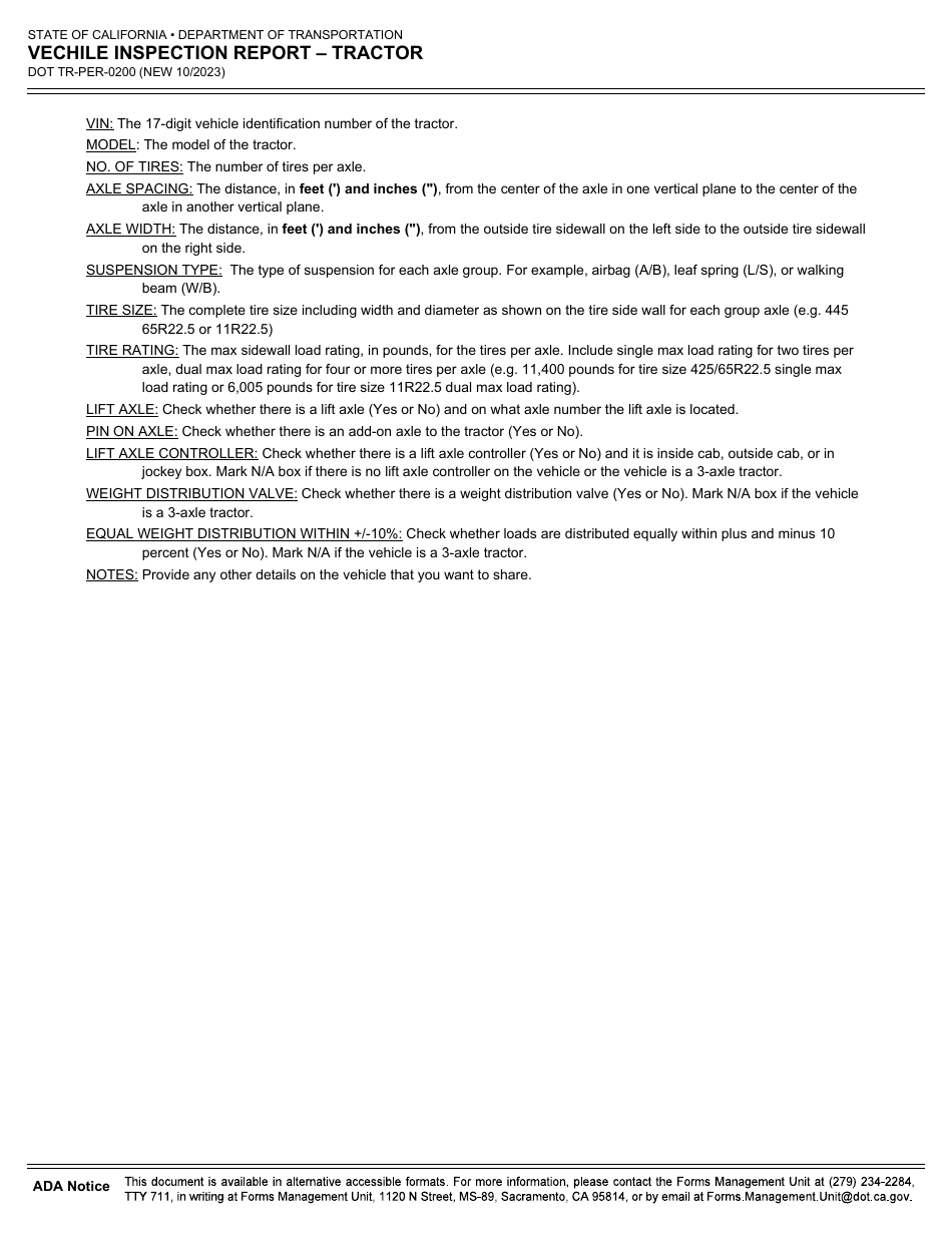 Form DOT TR-PER-0200 Vechile Inspection Report - Tractor - California, Page 2