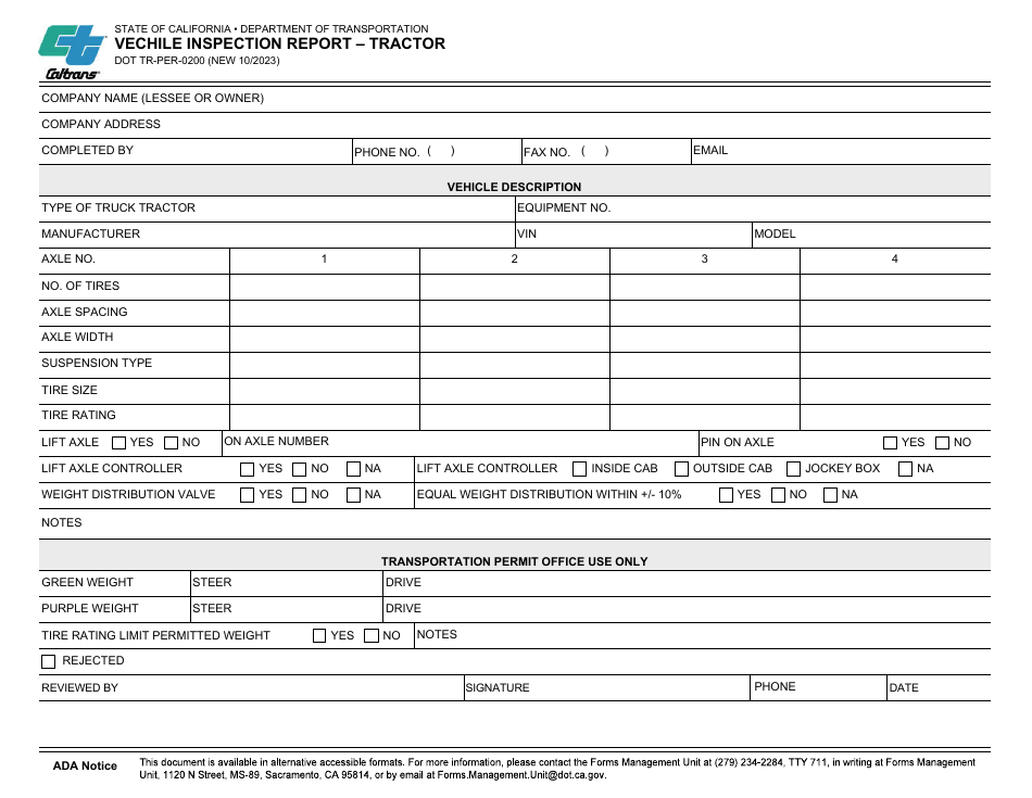 Form DOT TR-PER-0200 Vechile Inspection Report - Tractor - California, Page 3