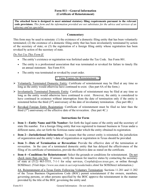 Form 811 Certificate of Reinstatement - Texas