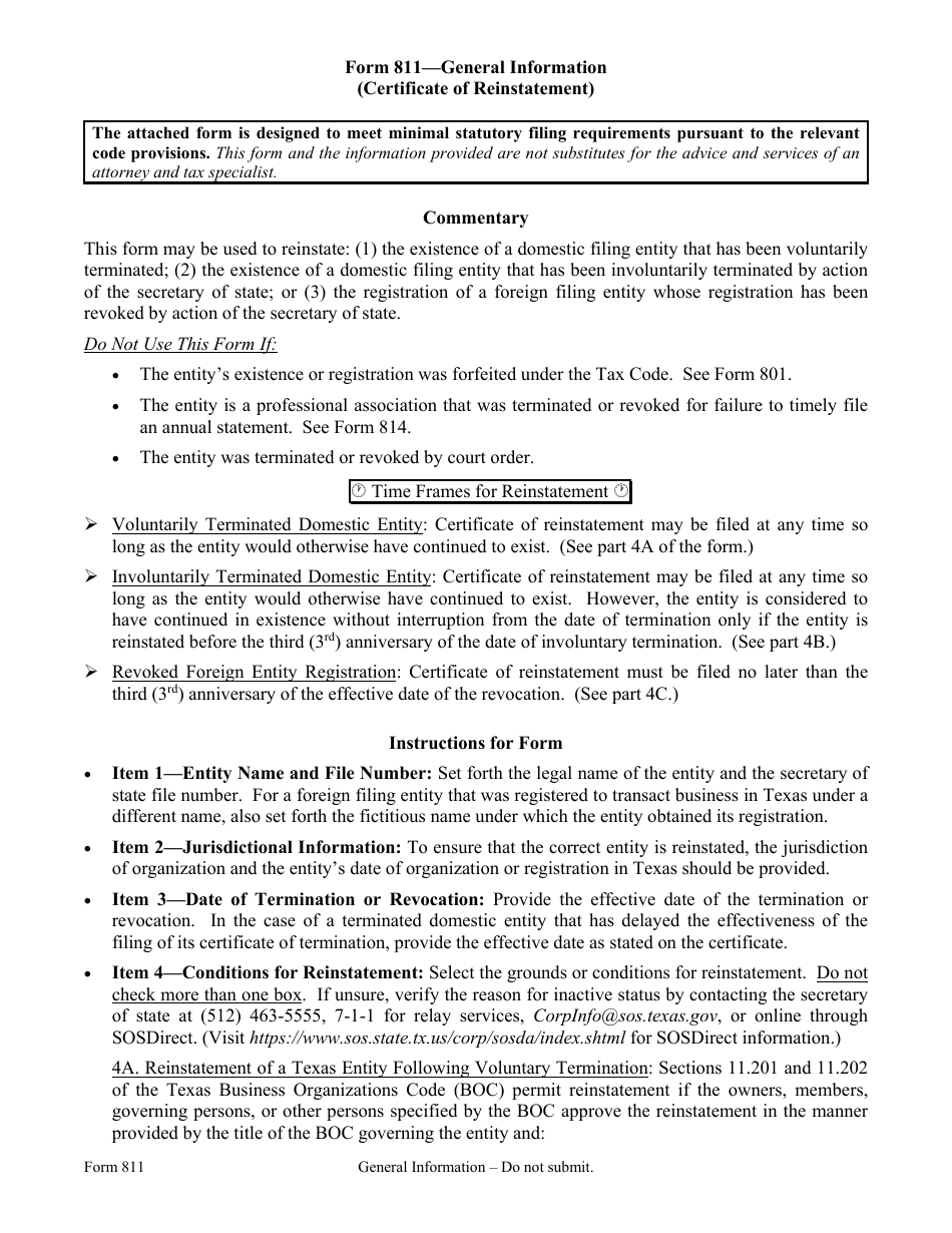 Form 811 Certificate of Reinstatement - Texas, Page 1