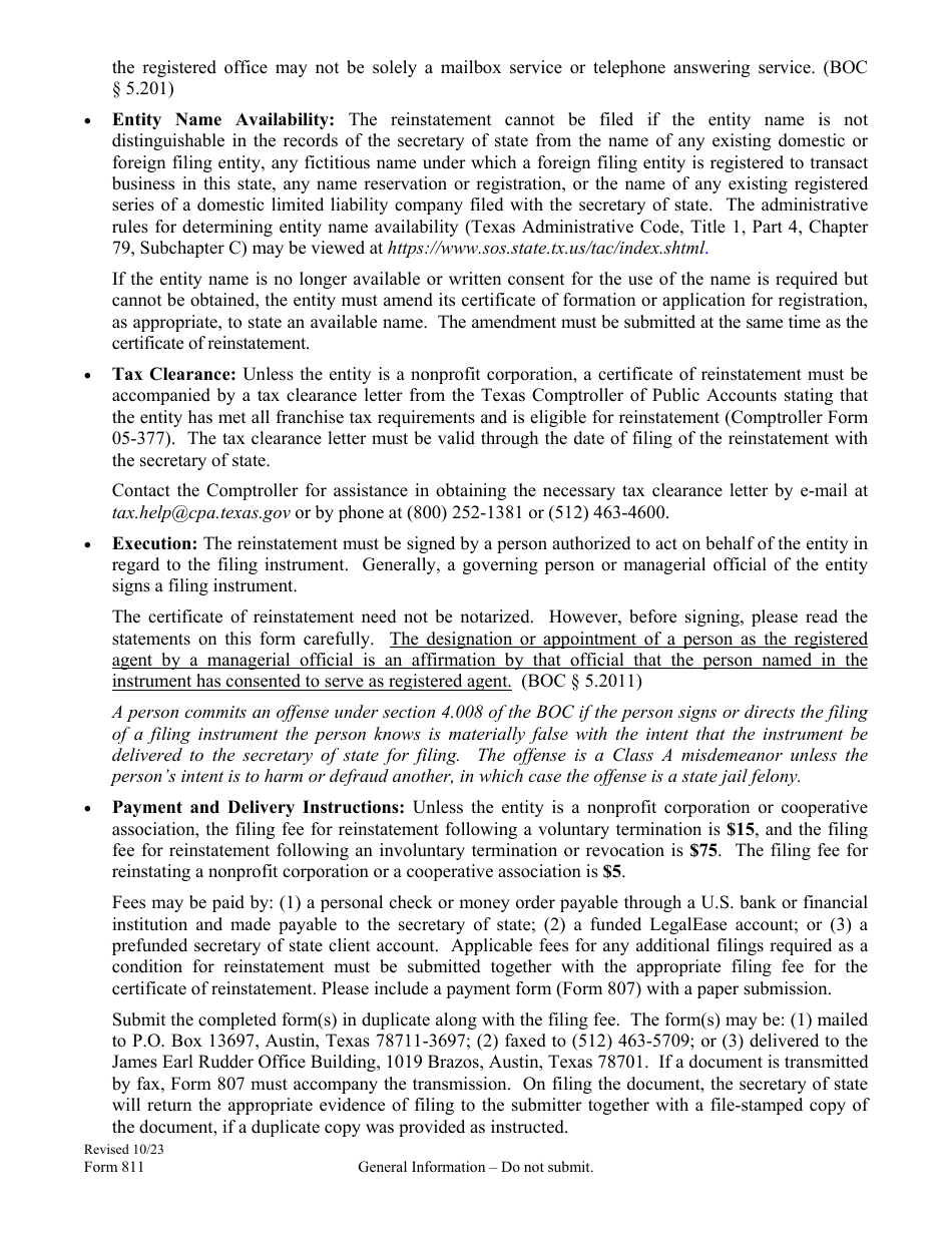 Form 811 Certificate of Reinstatement - Texas, Page 3