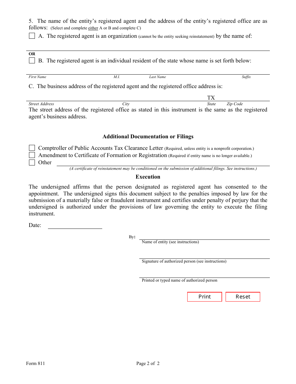 Form 811 Download Fillable Pdf Or Fill Online Certificate Of Reinstatement Texas Templateroller 1737