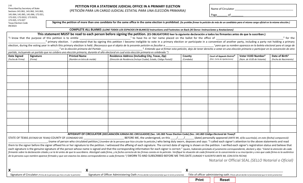 Form 2-8 Petition for a Statewide Judicial Office in a Primary Election - Texas (English/Spanish)