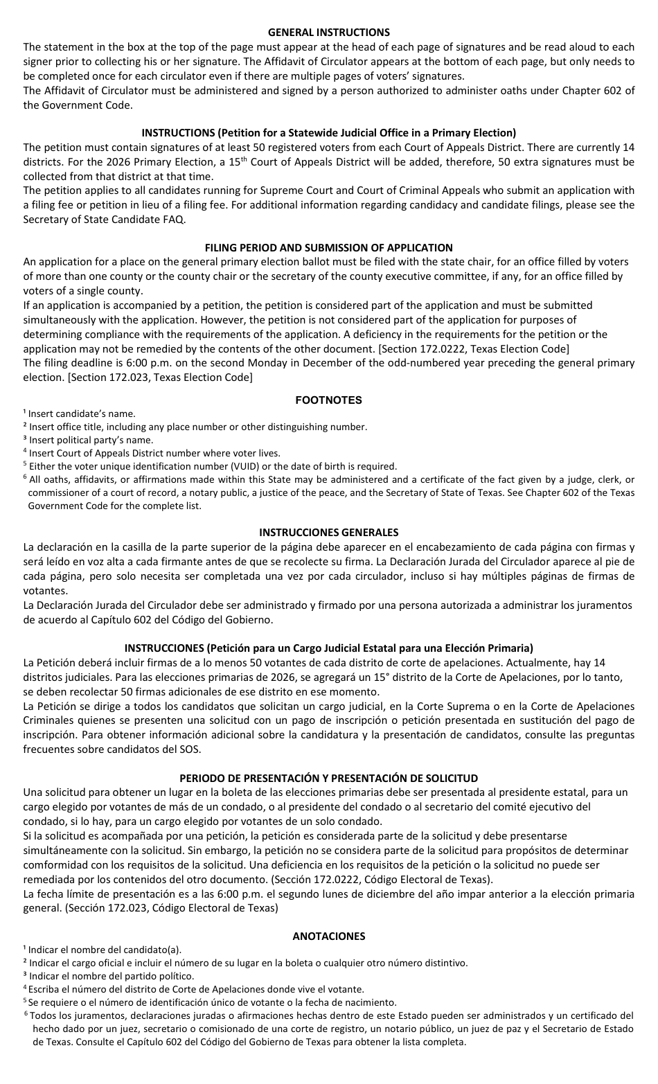 Form 2-8 Petition for a Statewide Judicial Office in a Primary Election - Texas (English / Spanish), Page 2