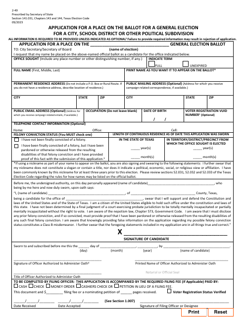 Form 2-49 Application for a Place on the Ballot for a General Election for a City, School District or Other Political Subdivision - Texas (English/Spanish)