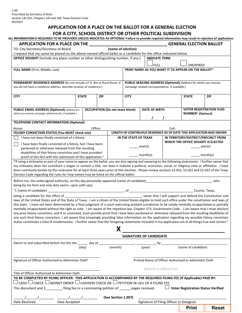 Form 2-49 Application for a Place on the Ballot for a General Election for a City, School District or Other Political Subdivision - Texas (English / Spanish), Page 1