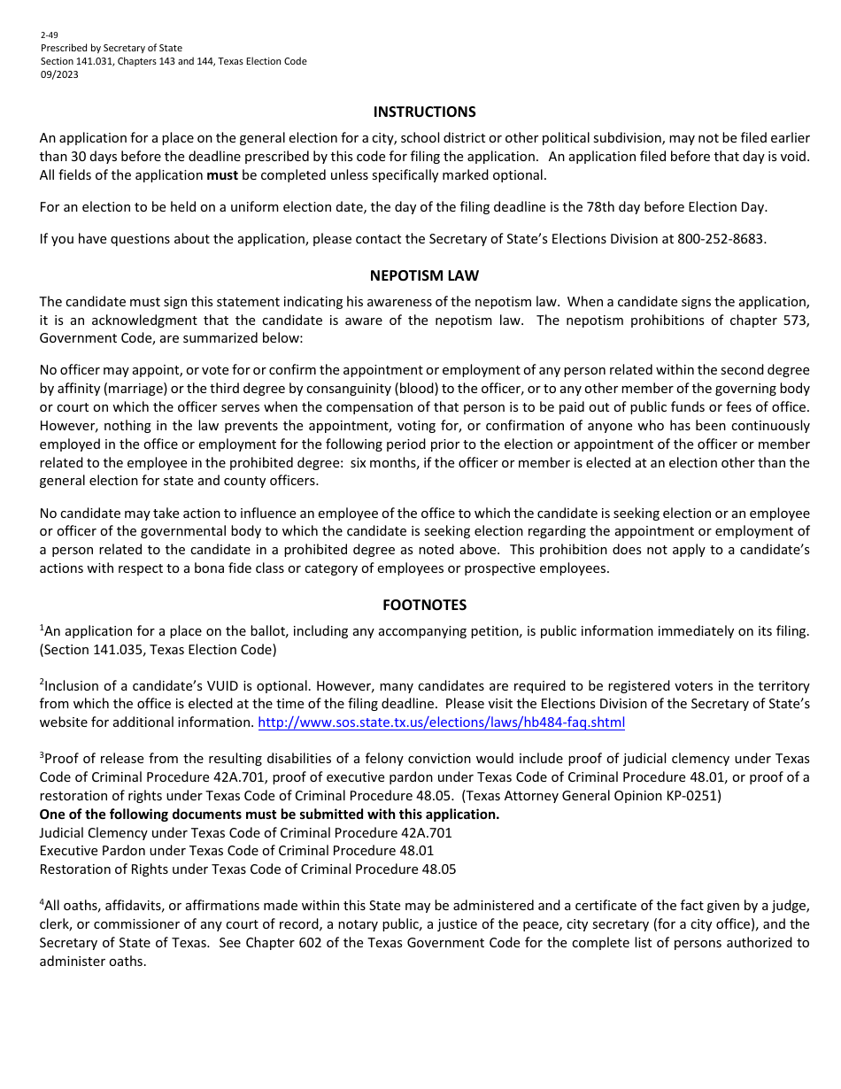 Form 2-49 Application for a Place on the Ballot for a General Election for a City, School District or Other Political Subdivision - Texas (English / Spanish), Page 2