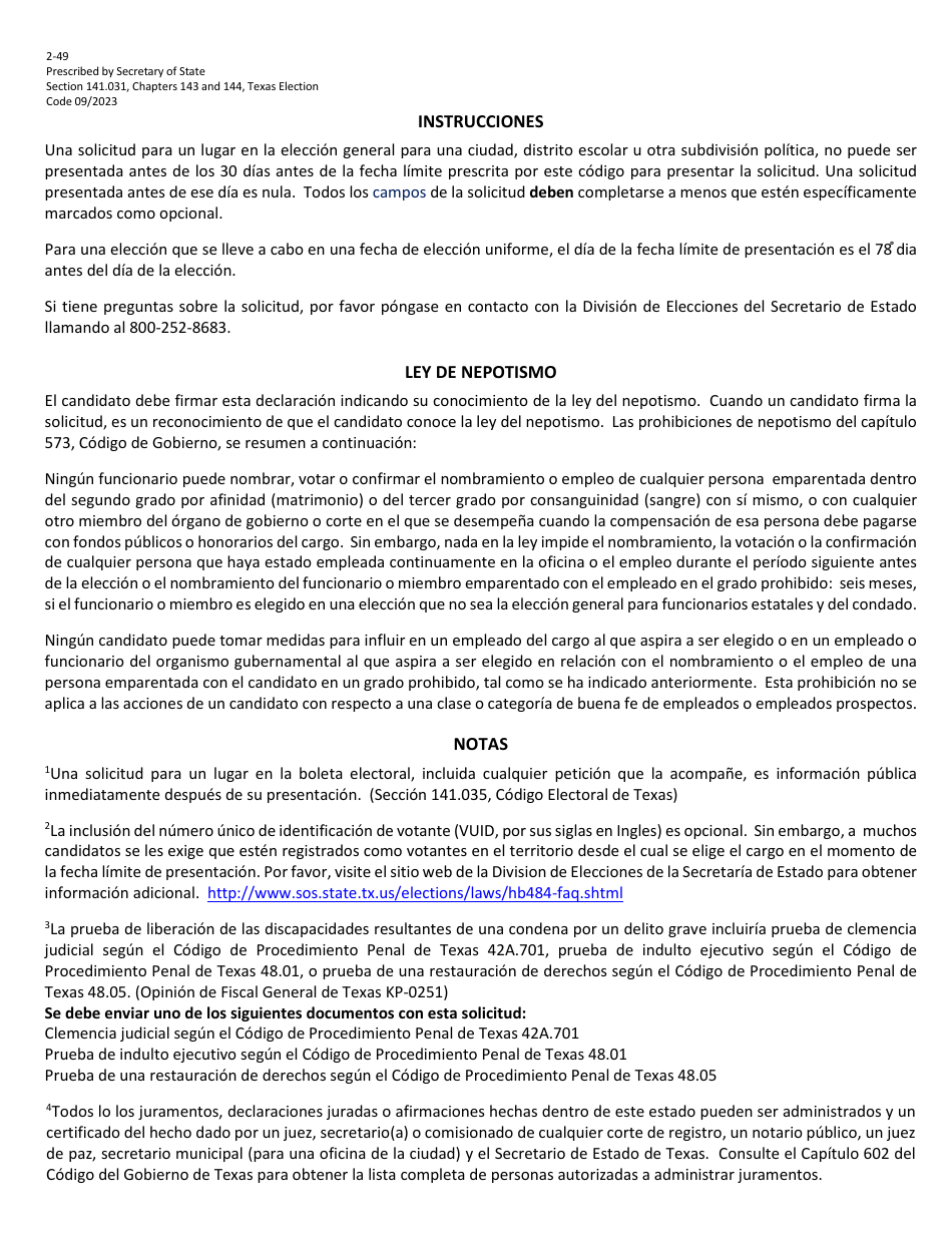 Form 2-49 Application for a Place on the Ballot for a General Election for a City, School District or Other Political Subdivision - Texas (English / Spanish), Page 4