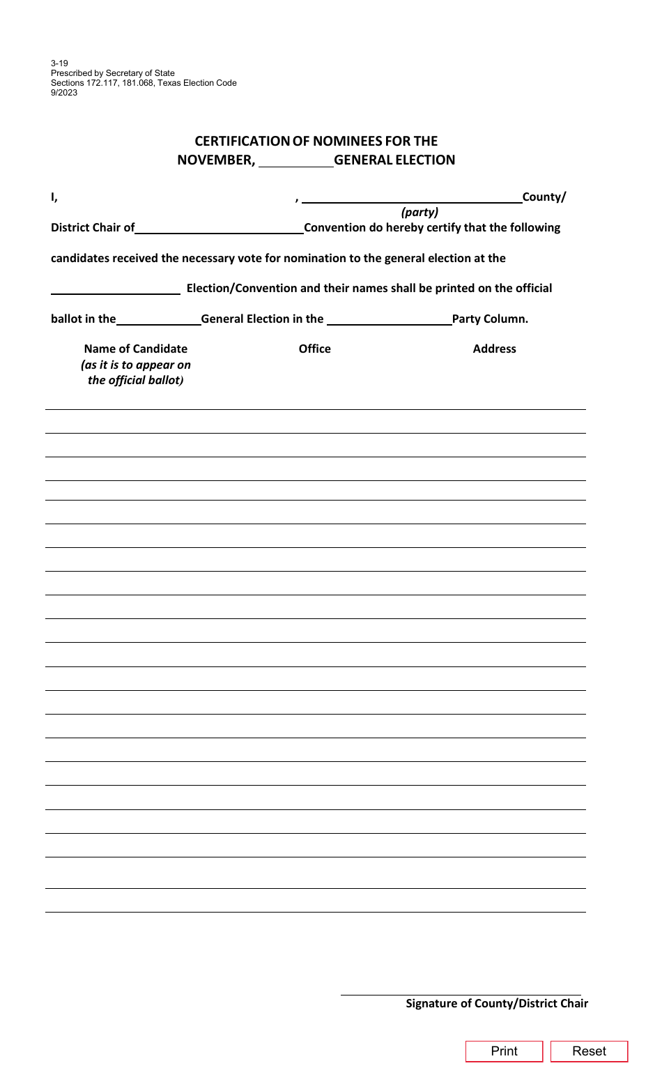 Form 3-19 Certification of Nominees for the November General Election - Texas, Page 1