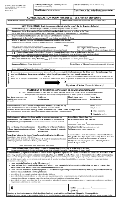Form 6-17 Corrective Action Form for Defective Carrier Envelope - Texas (English/Spanish)