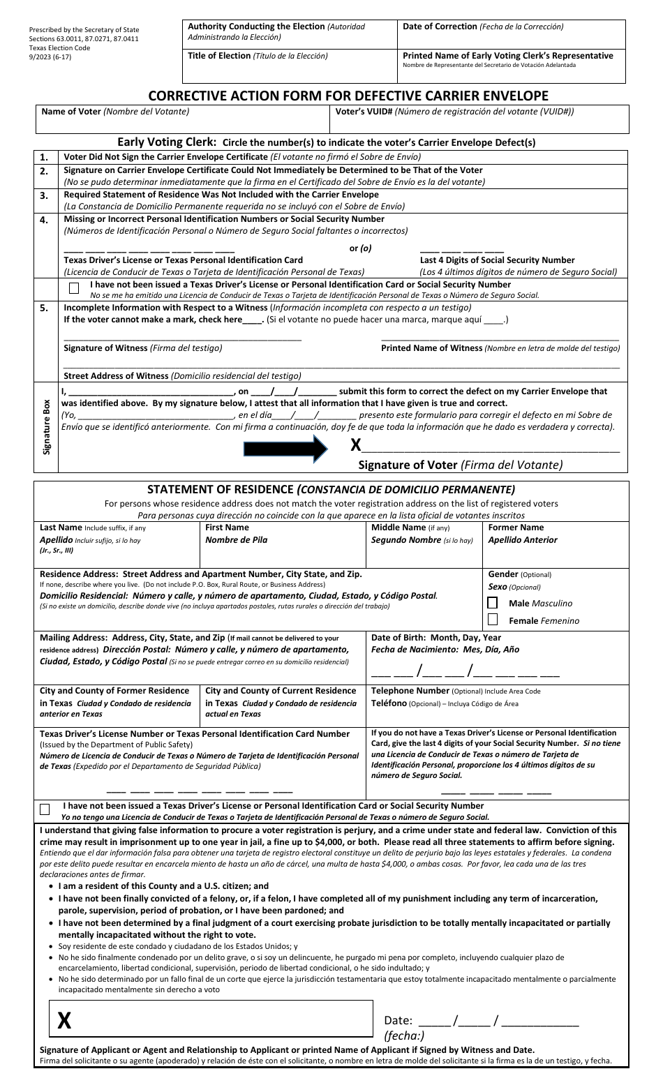 Form 6-17 Corrective Action Form for Defective Carrier Envelope - Texas (English / Spanish), Page 1